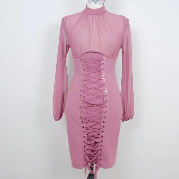 Iris Mauve Pink Sheer Mock Neck Long Sleeve Corset Lace Up SZ S Sexy Y2K Dress - Picture 4 of 14